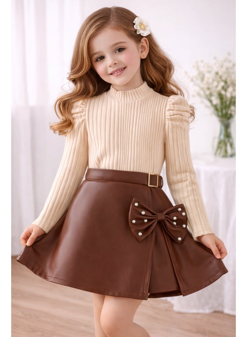 Smarties AE Girls Boutique Outfit Set, Beige Ribbed Knit Sweater with Puff Sleeves and Brown Faux Leather Skirt with Pearl Bow Detail, 3 Piece Long Sleeve Set - Image 1